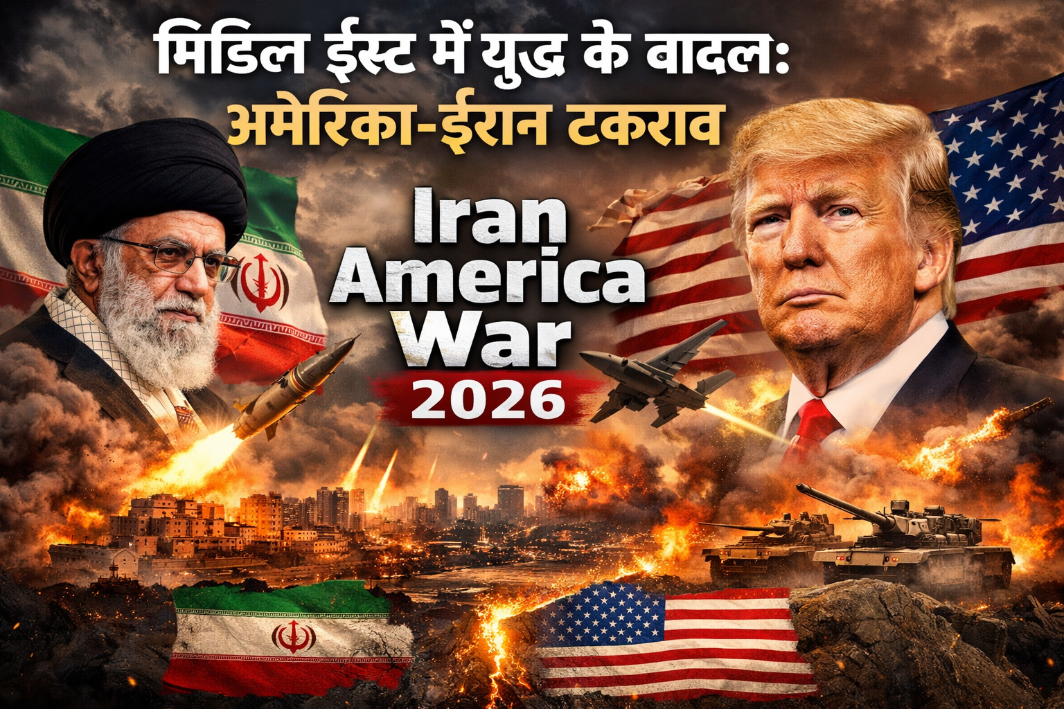 Iran America War 2026 के बीच अमेरिका और ईरान के नेताओं के साथ युद्ध और मिसाइल हमलों का प्रतीकात्मक दृश्य