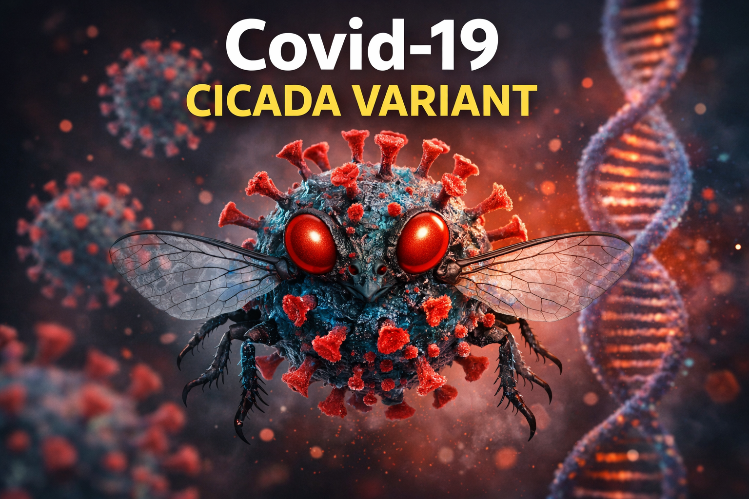 Covid-19 Cicada Variant virus illustration with spike protein mutations
