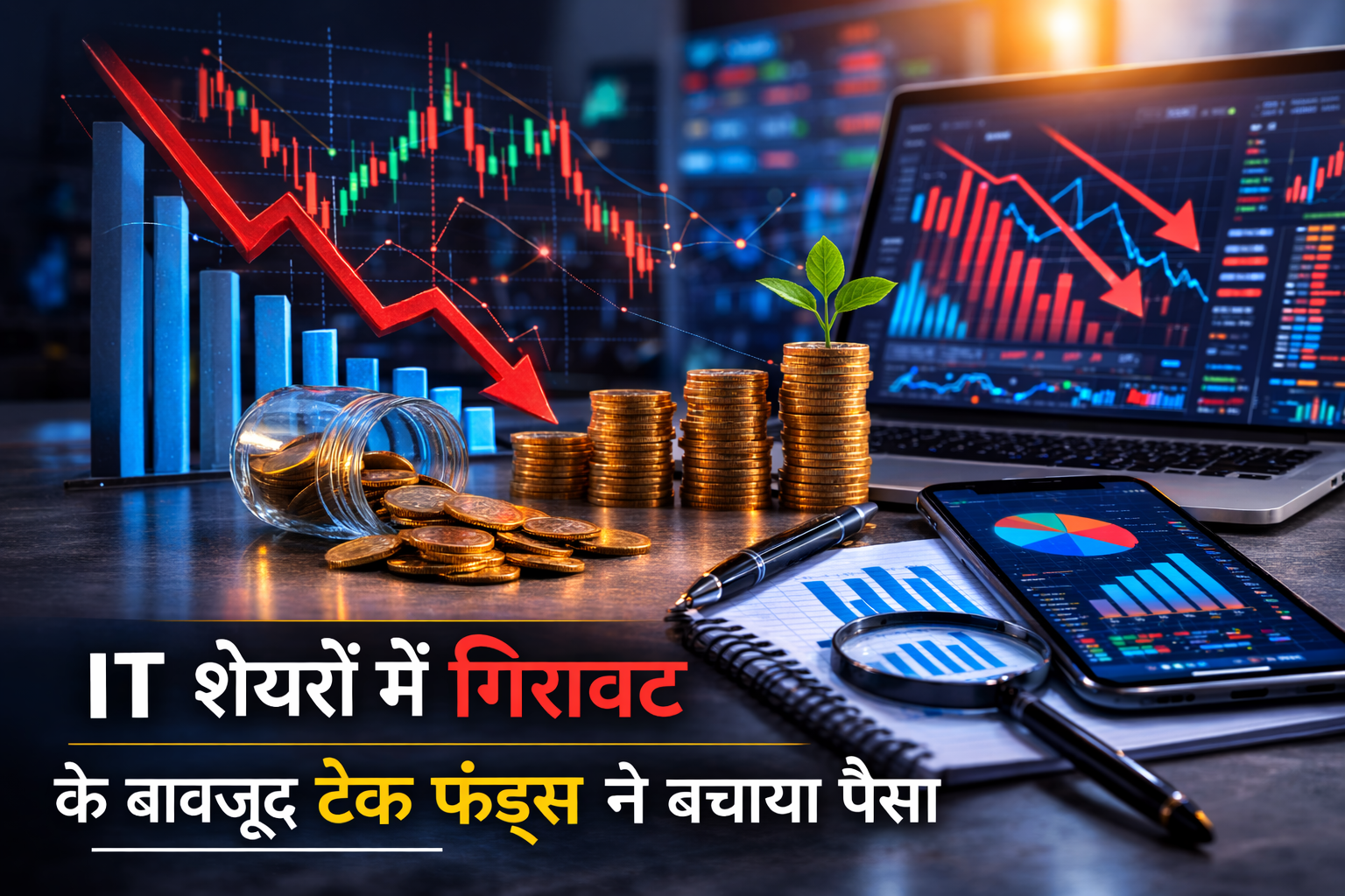 IT शेयरों में गिरावट को दर्शाता ग्राफ और शेयर बाजार में उतार-चढ़ाव का दृश्य