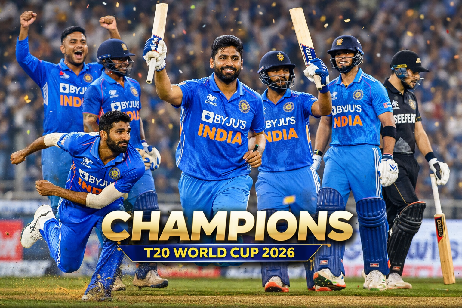 India vs New Zealand T20 World Cup 2026 Final Indian team celebrating victory after defeating New Zealand by 96 runs