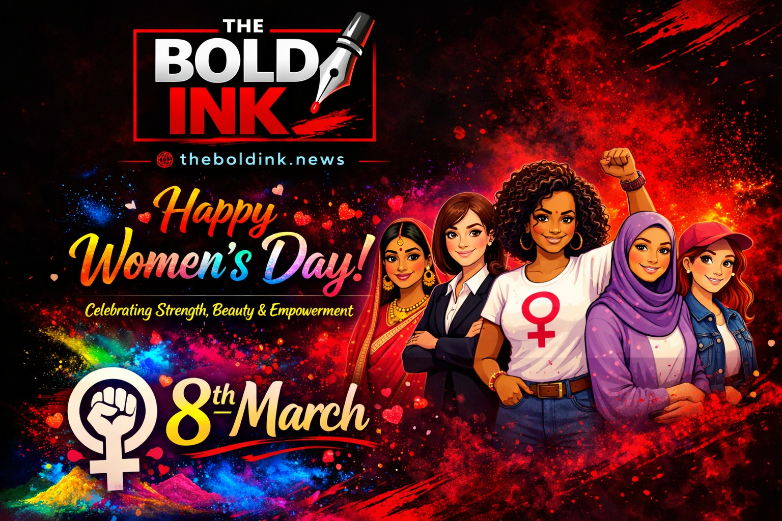 अंतरराष्ट्रीय महिला दिवस 2026 पर द बोल्ड इंक न्यूज़ का बैनर, महिलाओं के सम्मान और सशक्तिकरण को समर्पित