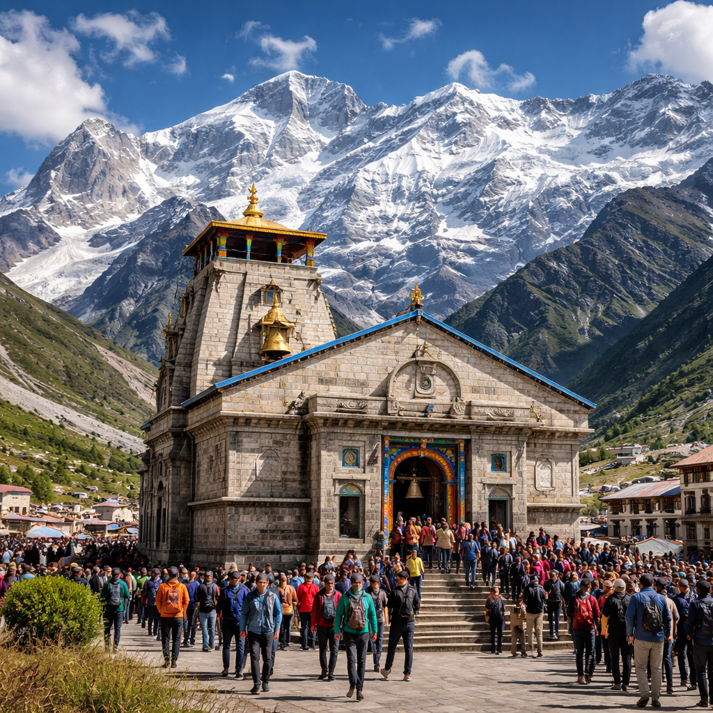 चारधाम यात्रा 2026 के दौरान केदारनाथ मंदिर में श्रद्धालुओं की भीड़ और हिमालय का सुंदर दृश्य