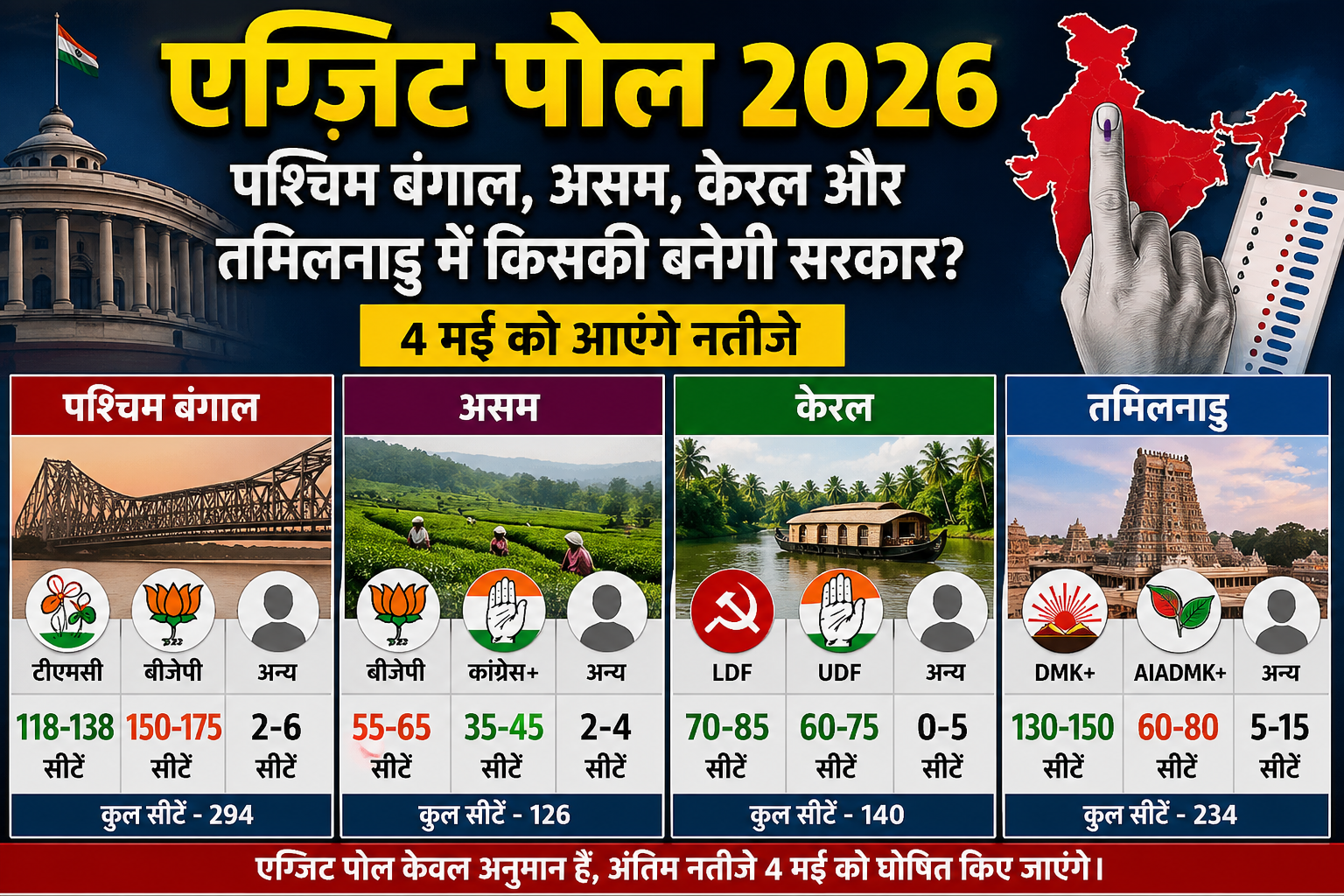 Exit Poll 2026 India infographic showing West Bengal, Assam, Kerala and Tamil Nadu election predictions with seat numbers and party comparison