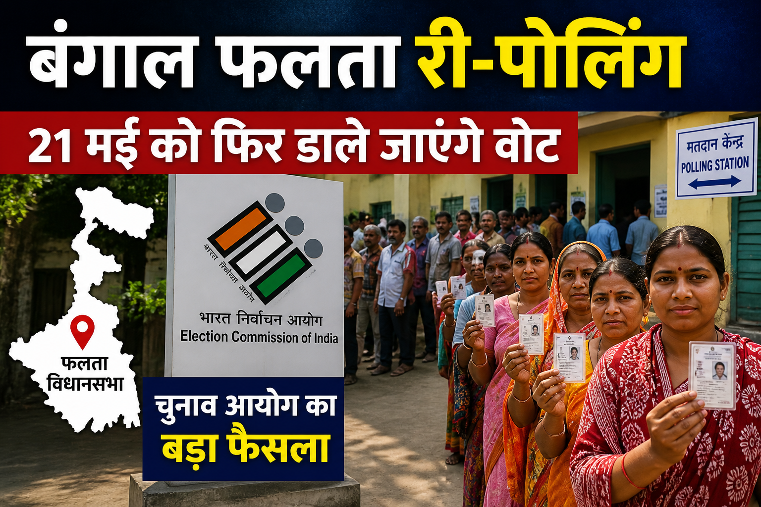 बंगाल फलता री-पोलिंग के दौरान मतदान केंद्र पर वोट डालने के लिए लाइन में खड़े मतदाता