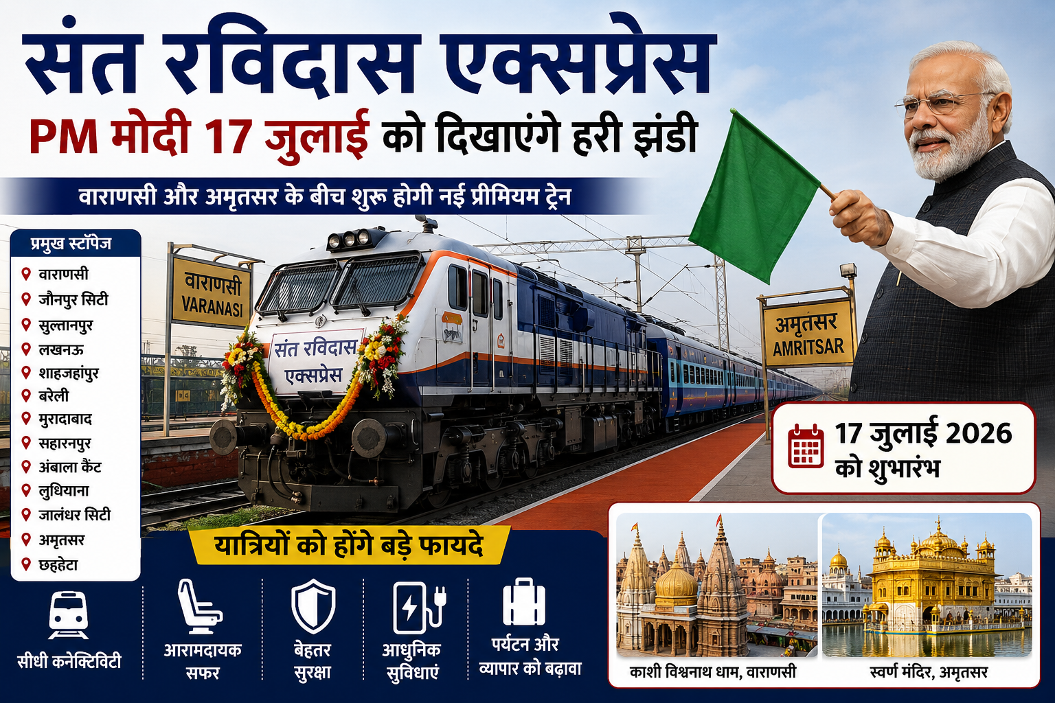संत रविदास एक्सप्रेस को 17 जुलाई 2026 को पीएम मोदी द्वारा हरी झंडी दिखाते हुए, वाराणसी से अमृतसर के बीच नई ट्रेन।