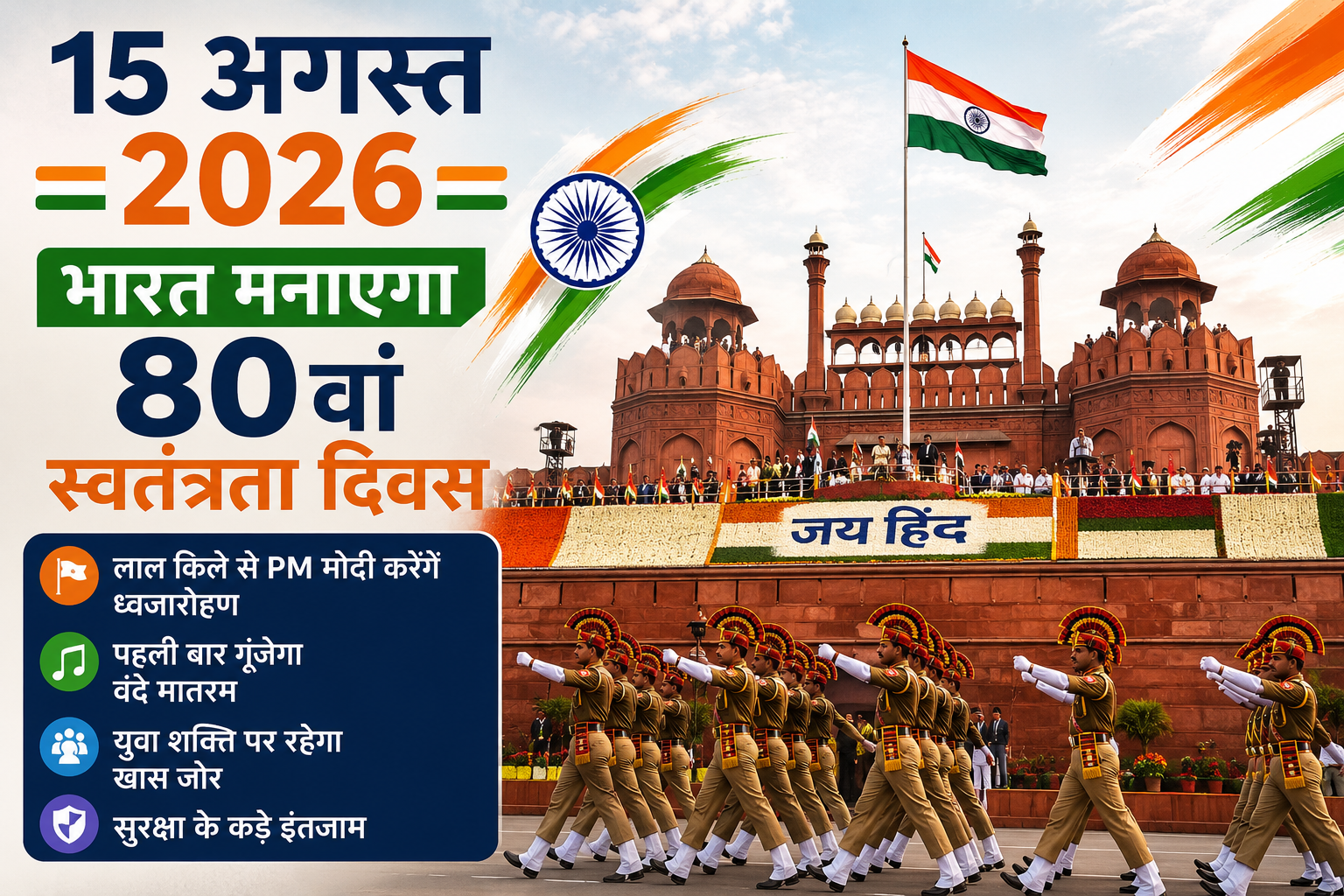 15 अगस्त 2026 पर भारत का 80वां स्वतंत्रता दिवस, लाल किला और तिरंगा