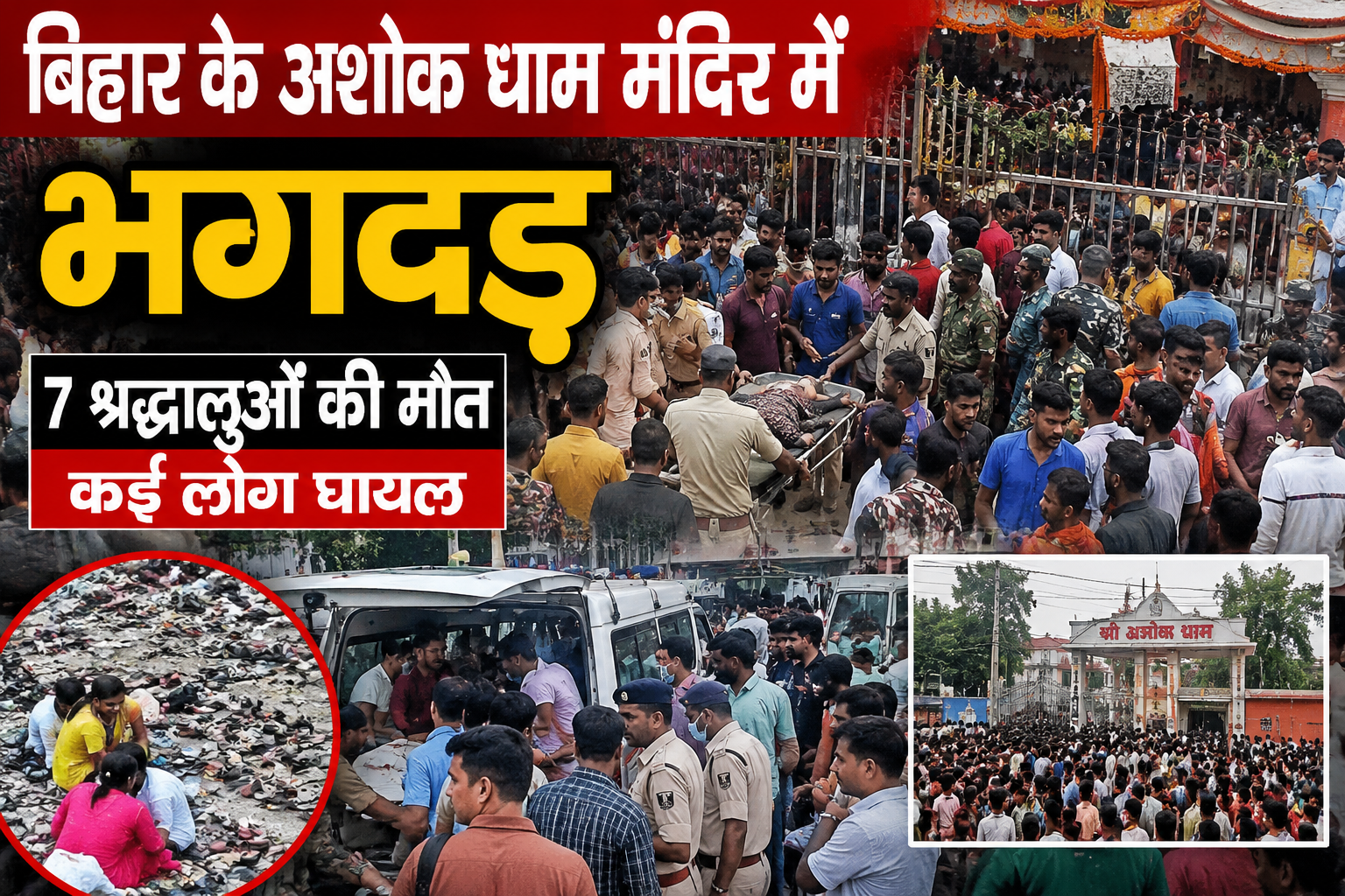 बिहार के अशोक धाम मंदिर में भगदड़ के बाद श्रद्धालुओं की भीड़ और राहत-बचाव कार्य