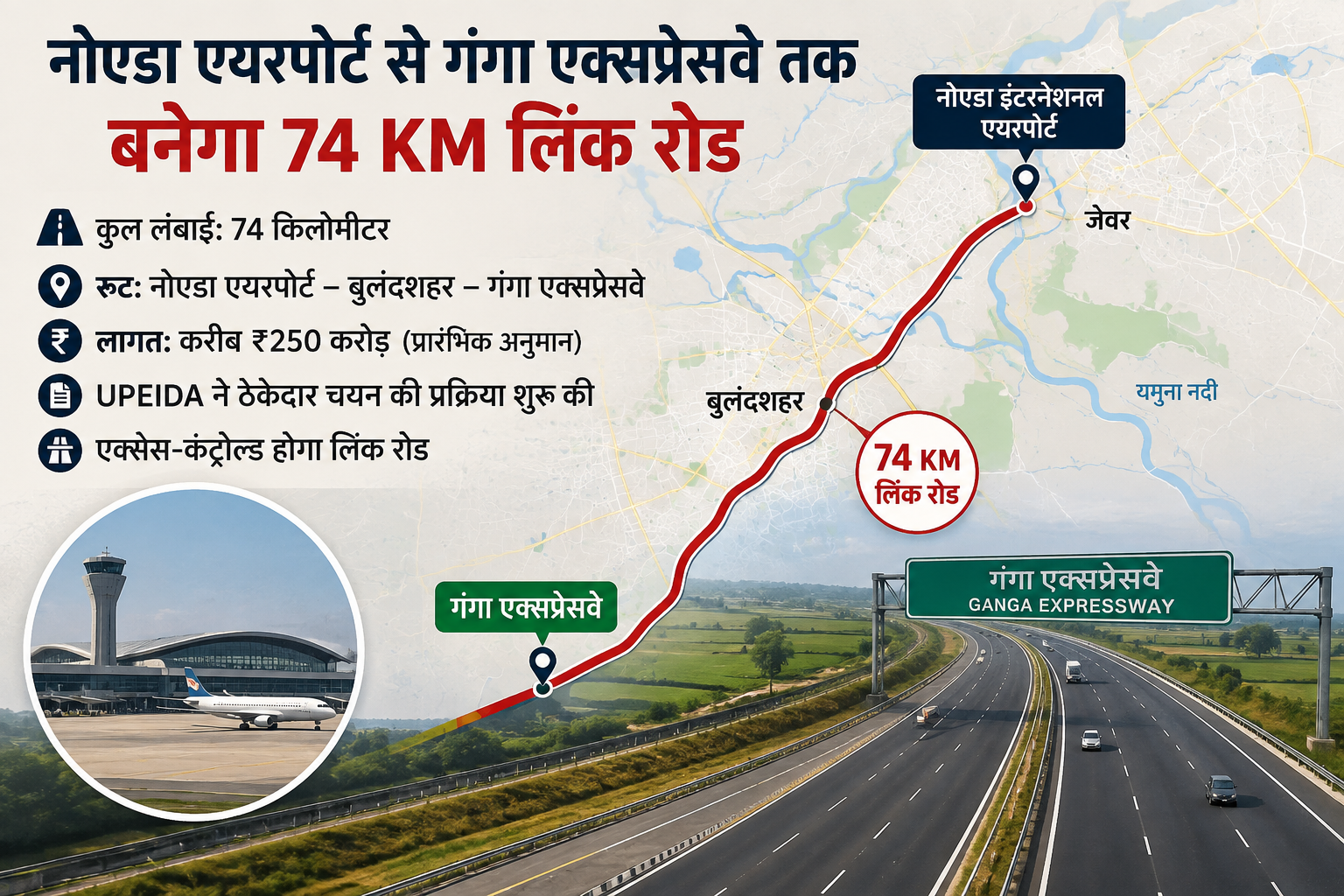 नोएडा एयरपोर्ट से गंगा एक्सप्रेसवे तक 74 KM लिंक रोड का नक्शा