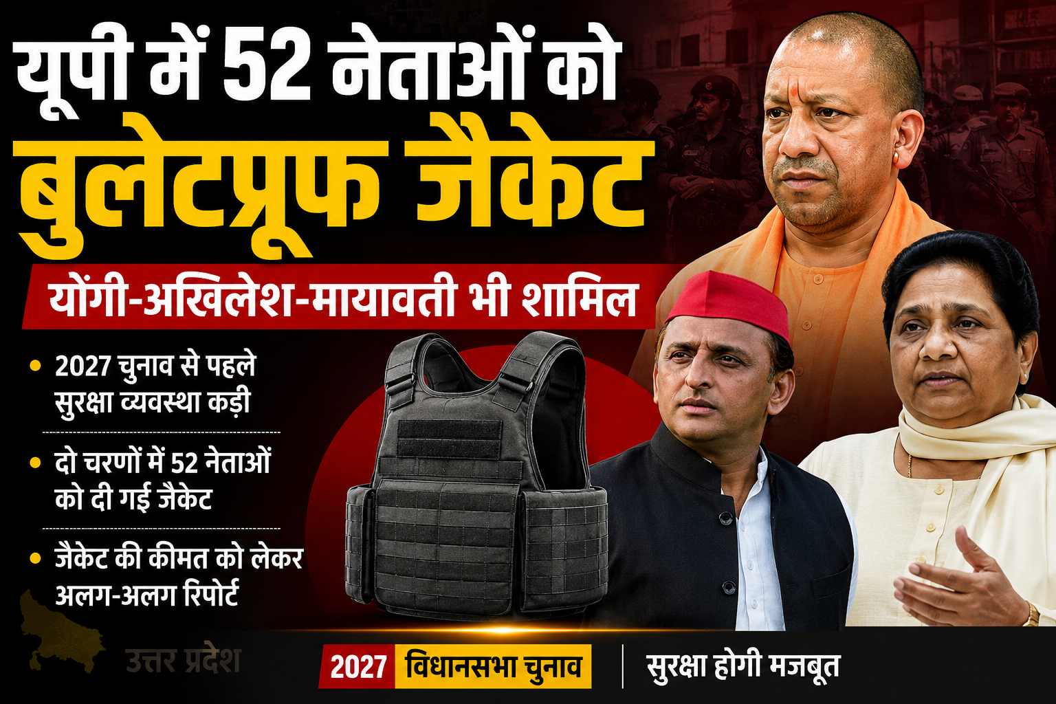यूपी में 52 नेताओं को बुलेटप्रूफ जैकेट, योगी आदित्यनाथ, अखिलेश यादव और मायावती की तस्वीर
