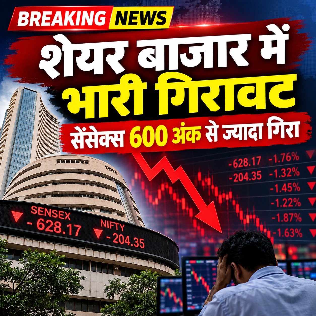 शेयर बाजार में भारी गिरावट, सेंसेक्स 600 अंक से ज्यादा गिरा, BSE भवन और गिरते शेयर बाजार का ग्राफ।